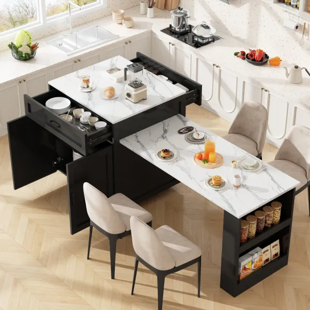HAUSS SPOLE Bartafel - Uitschuifbare Keukeneilandtafel Met Opbergruimte En Wielen - Voor Keuken En Woonruimte - MDF - 98-204x70x93,5 Cm - Zwart