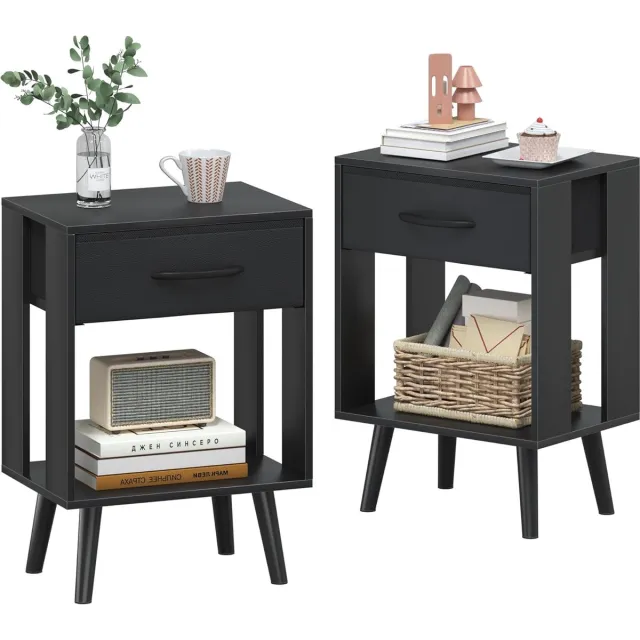 Famanu Set van 2 moderne nachtkastjes met lade, compact ontwerp voor slaapkamer en kinderkamer, zwart, 40 x 30 x 60 cm