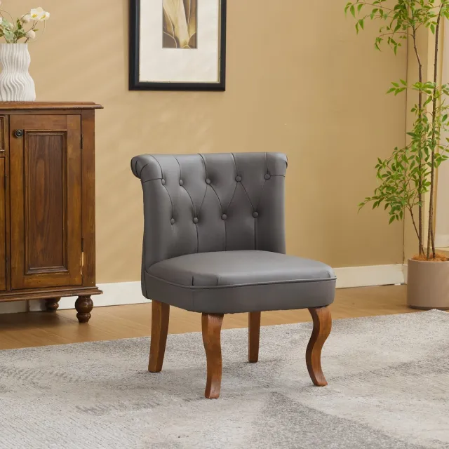 DESMIU Fauteuil 56 x 60,5 x 72,5 cm - Gecapitonneerde Rugleuning En Houten Poten - Voor Woonkamer En Eethoek - Leer Grijs