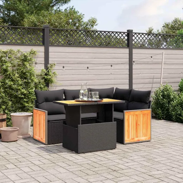 vidaXL 5-delige Loungeset met kussens poly rattan zwart, foto 2