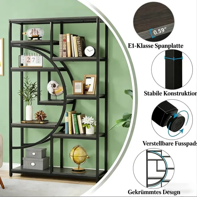 COVREO Boekenkast 175x175x30 cm zwart, metaal en hout met 9 open vakken