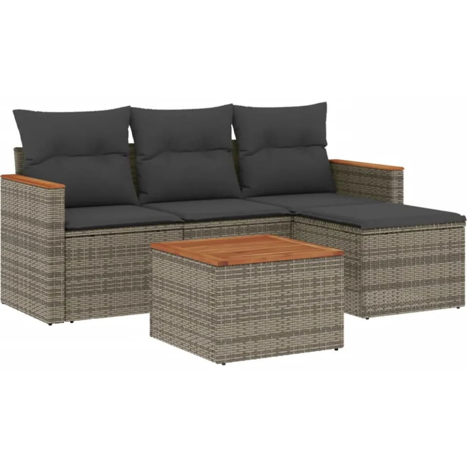 vidaXL 5-delige Loungeset met kussens poly rattan grijs, foto 3