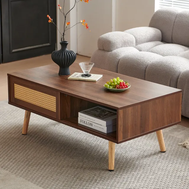 Pugsdrly Gevlochten salontafel, theetafel met schuifdeuren, poten van massief hout, moderne salontafel, donker walnotenhout - H40/B1050/T55 cm Bruin