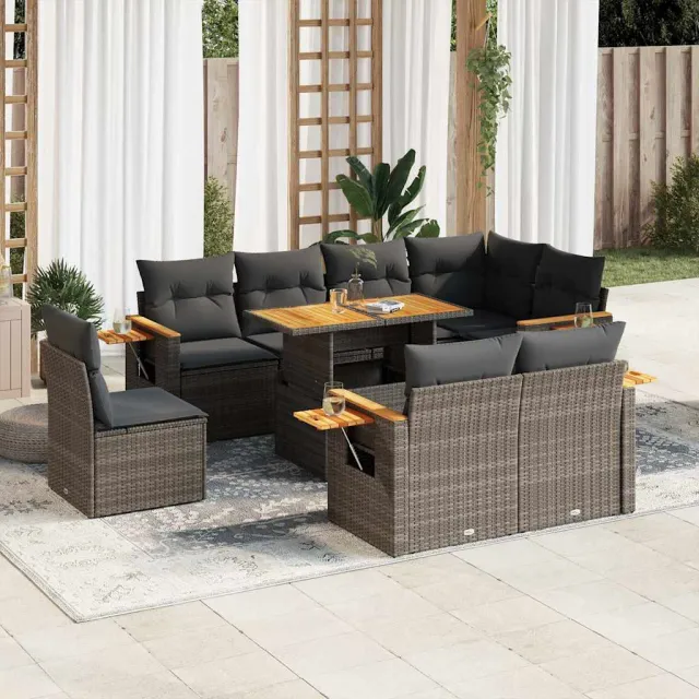 vidaXL 9-delige Loungeset met kussens poly rattan acacia grijs, foto 2