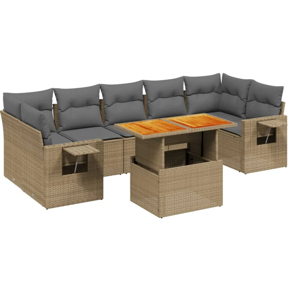 vidaXL 8-delige Loungeset met kussens poly rattan beige, foto 3