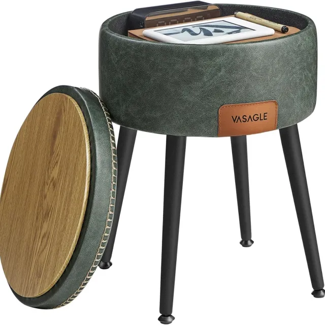Hoppa! Opbergpoef - Bosgroen - Staal - 25D Schuim Met Hoge Veerkracht - Pu (Polyurethaan) Leer - Multiplex - 38,2 Ø x 44,4 cm H Bos Groen