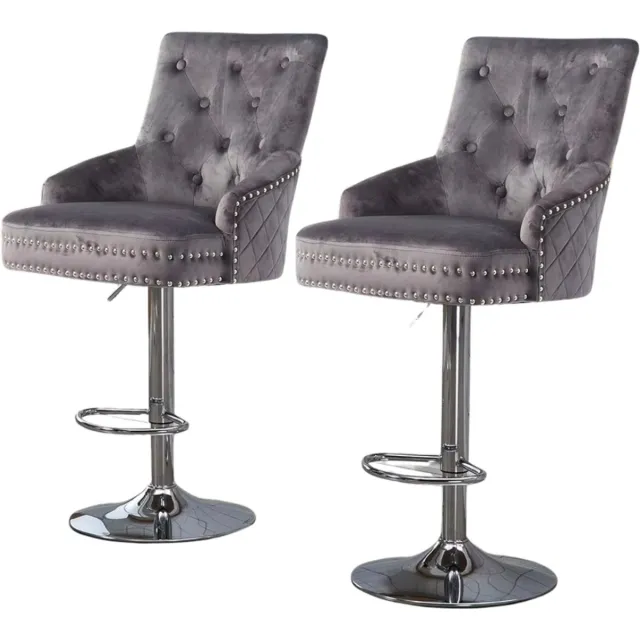Happiq Barkrukken Opulence - Luxe Set van 2 - Met rugleuning - Grijs - Velvet - Verstelbaar - Voor Keuken, Bar of woonkamer - Draaibaar