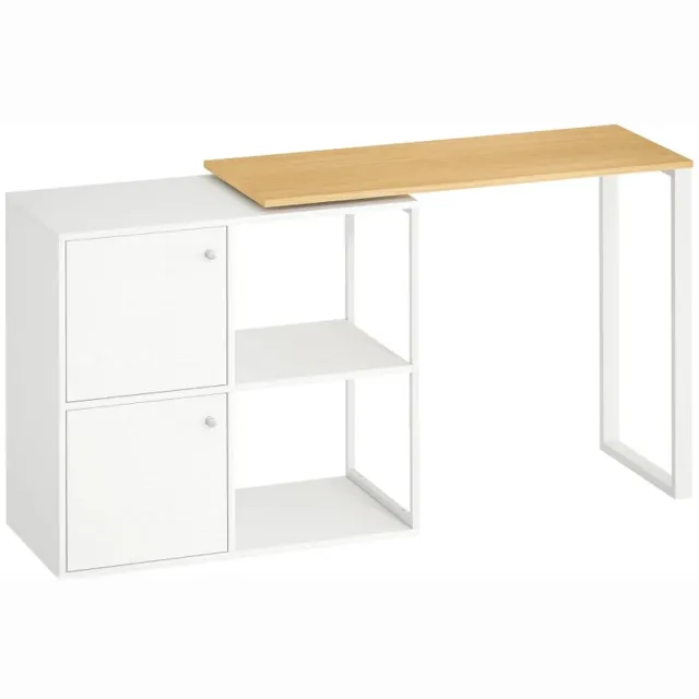 ZYLARO Draaibaar L-vormig Hoekbureau met 2 Kasten en 2 Open Vakken - Computerbureau met Opbergruimte - Werktafel - Bureautafel - Desk - 105 x 85 x 75 cm - Wit/Naturel wit, naturel hout