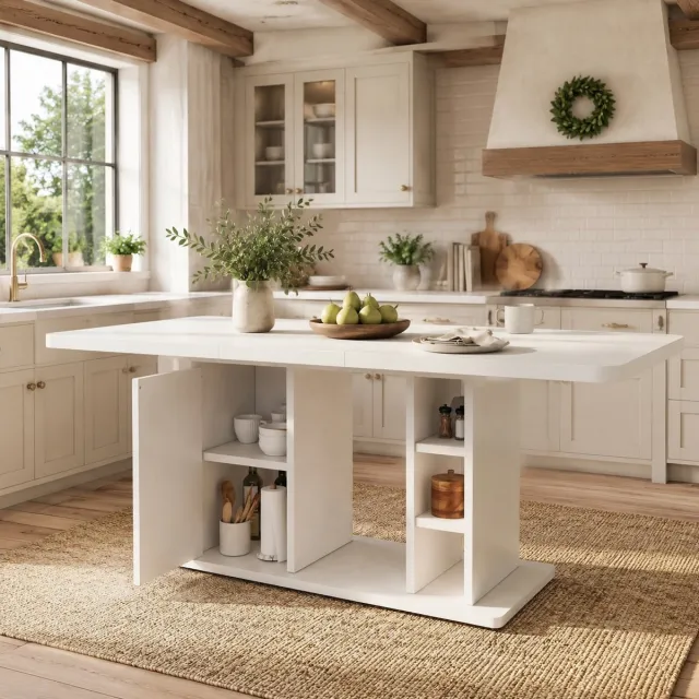 REDOM Eettafel - Uitschuifbaar - Opbergruimte onder tafel - Scandinavische stijl - Woonkamer en eetkamer - MDF - Wit - 140/180 x 80 x 75 cm