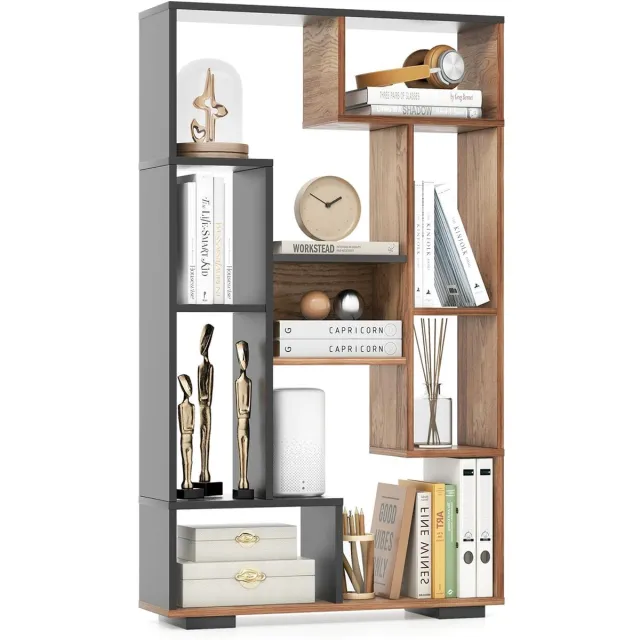 Costway Boekenkast met 9 Open Vakken Opbergmeubel met Kantelbeveiliging Scheidingsboekenkast voor Woonkamer Studeerkamer Bruin + Zwart