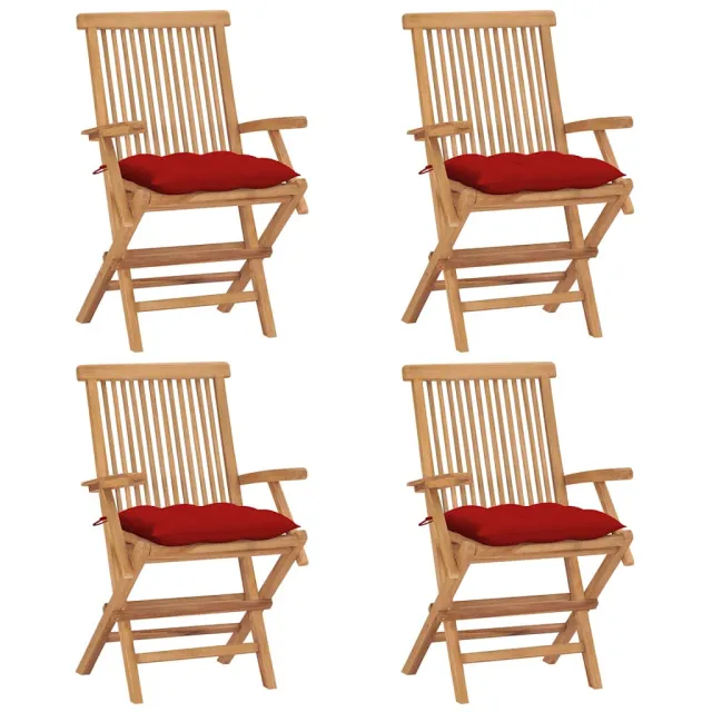 vidaXL Klapstoelen met rode kussens, 4 stuks, massief teakhout rood