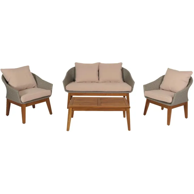 MCW Tuinset MCW-N37, tuin-/loungeset bankstel, polyrotan hout acacia ~ grijs, kussens beige