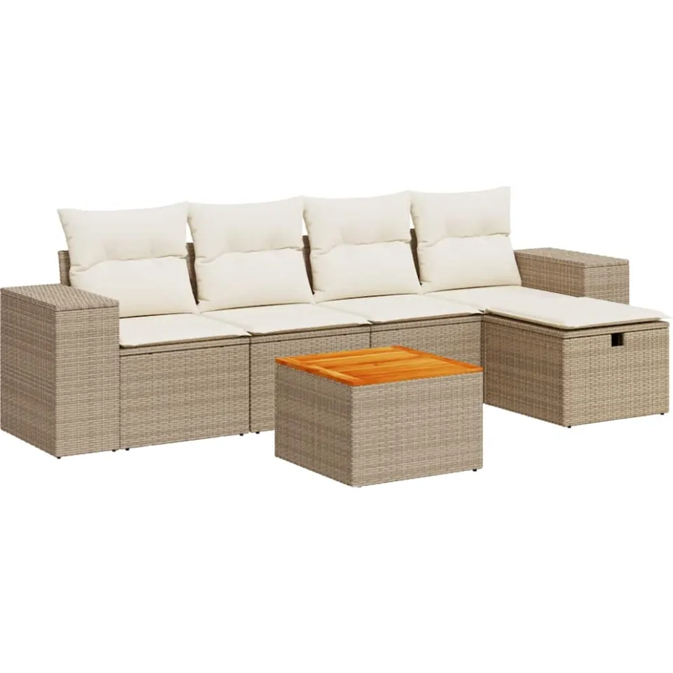 vidaXL 6-delige Loungeset met kussens poly rattan beige, foto 3