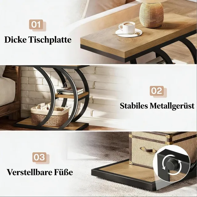 WUVRIE Sidetable 60x30x58 cm - C-vorm met 3 legplanken en verstelbare voetjes - Zwart/bruin