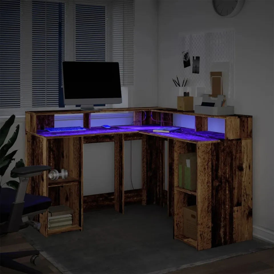 vidaXL Bureau met LED-verlichting 130x130x91 cm bewerkt hout oud hout bruin, foto 4
