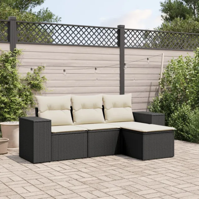 vidaXL 4-delige Loungeset met kussens poly rattan zwart, foto 2