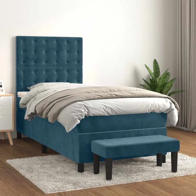 vidaXL Boxspring met matras fluweel donkerblauw 100x200 cm blauw