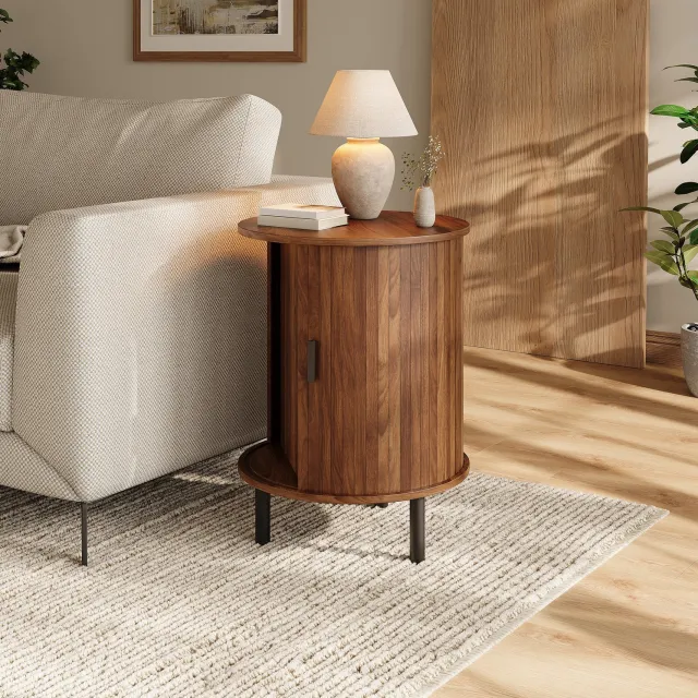 CHICFURN Nachtkastje - Schuifdeur - Rond ontwerp - 1 plank - Walnoot