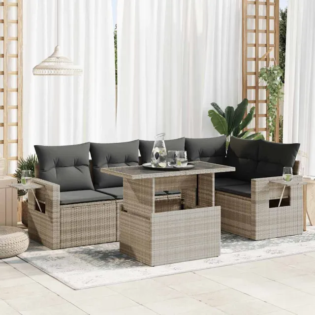 vidaXL 6-delige Loungeset met kussens poly rattan lichtgrijs grijs, foto 2
