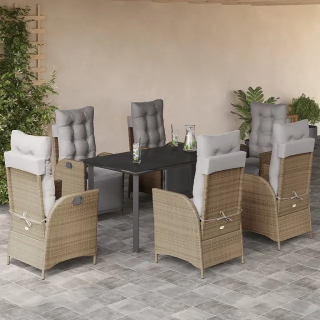 vidaXL 7-delige Tuinset met kussens poly rattan gemengd beige