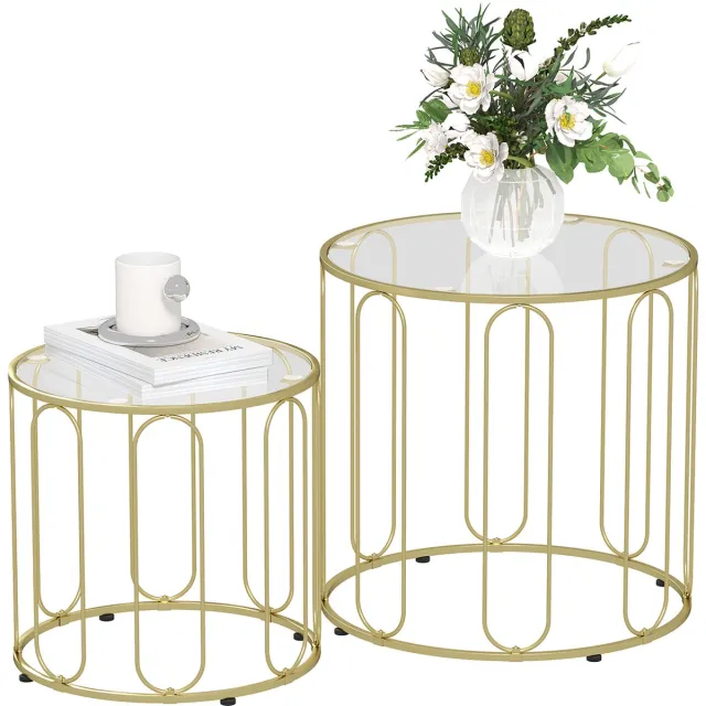 Homcom Salontafelset 2-Delig Rond Gehard Glas - Bijzettafel - Koffietafel - Nesttafels - Goud