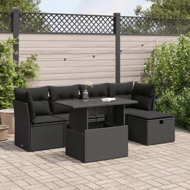 vidaXL 6-delige Loungeset met kussens poly rattan zwart, foto 2
