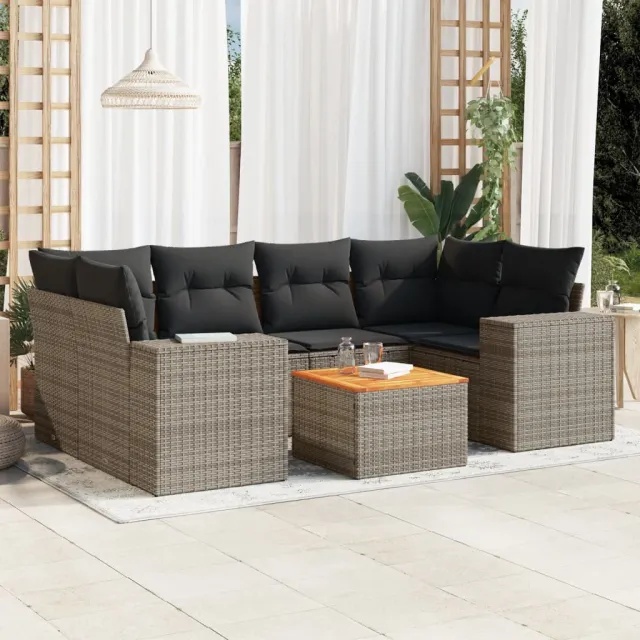 vidaXL 7-delige Loungeset met kussens poly rattan grijs, foto 2