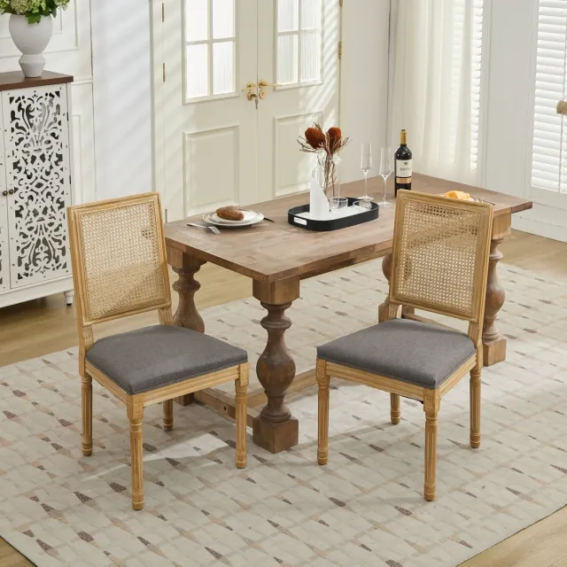 VVBV Eetkamerstoel 53x50x98.5 cm – Gestoffeerde Eetkamerstoel – Boho – Rotan – Houtlook – Massief Hout – Voor Woonkamer – Grijs