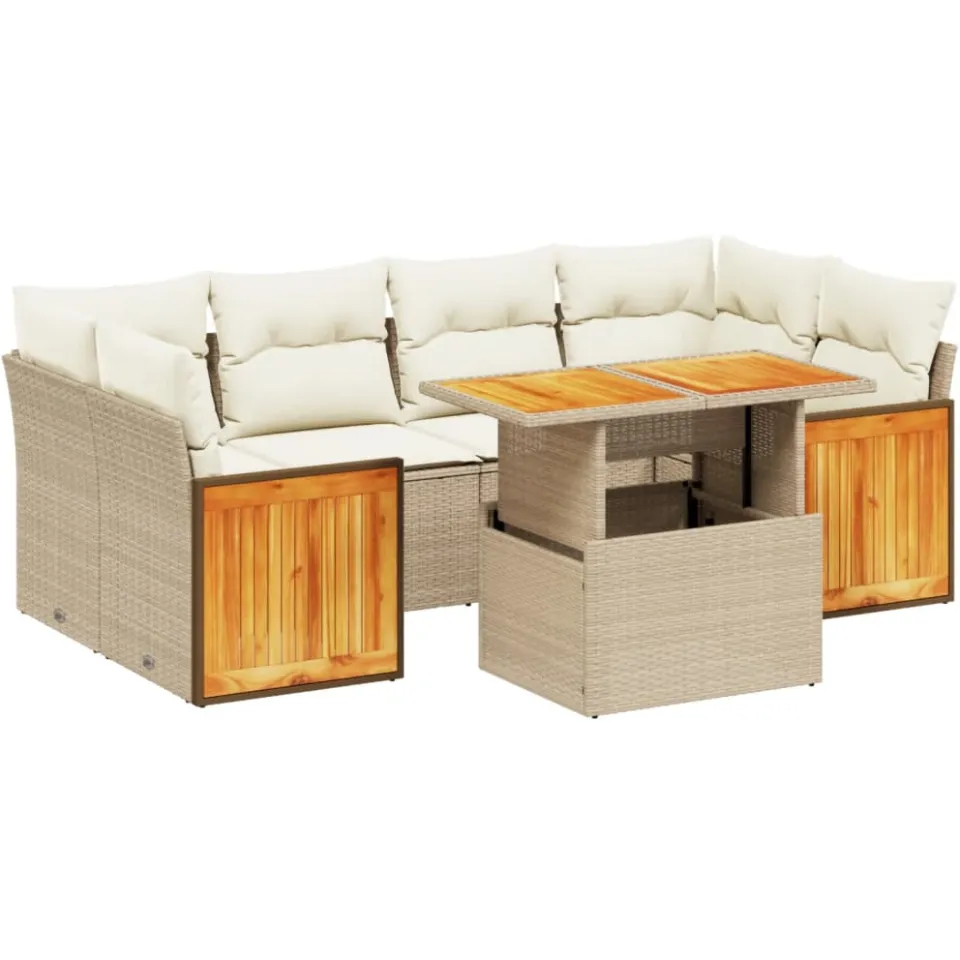 vidaXL 7-delige Loungeset met kussens poly rattan beige, foto 3