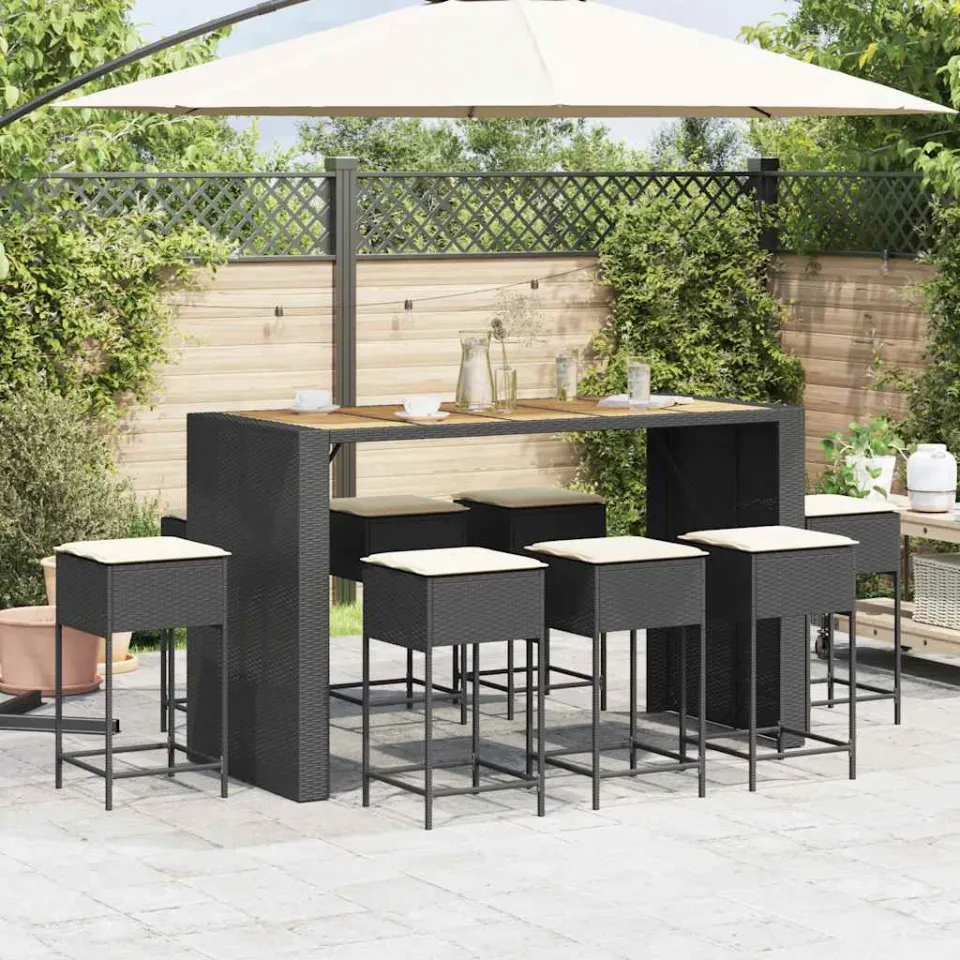 vidaXL 9-delige Tuinbarset met kussens poly rattan zwart, foto 3