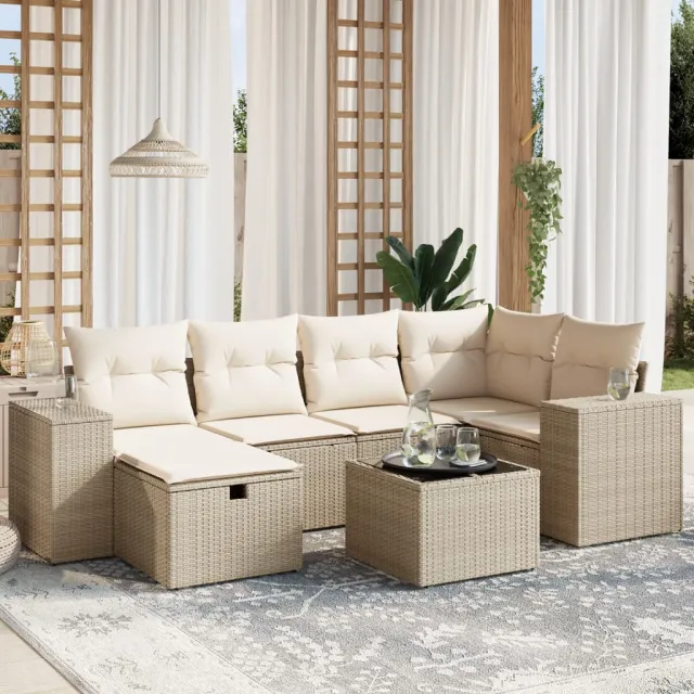 vidaXL 7-delige Loungeset met kussens poly rattan beige, foto 2
