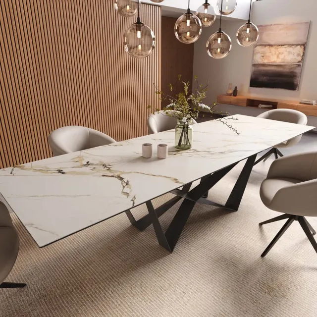 DELIFE Eetkamertafel Edge keramiek Calacatta Luxe wit-goud-grijs 300x100 spider vlak staal zwart Weiß-Gold-Grau