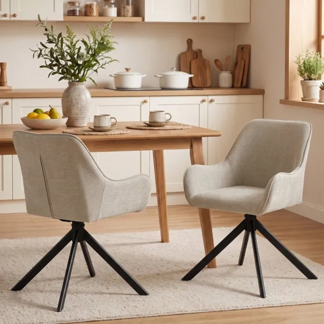 HAUSS SPOLE Eetkamerstoelen - Set van 2 - 360 Graden Draaibaar met Armleuningen - Voor Eetkamer en Woonkamer - Chenille en Metaal - Beige