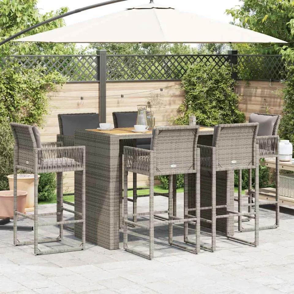 vidaXL 7-delige Tuinbarset met kussens poly rattan acacia grijs, foto 2