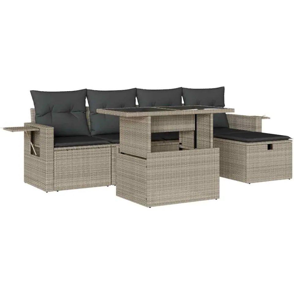 vidaXL 6-delige Loungeset met kussens poly rattan lichtgrijs grijs, foto 3