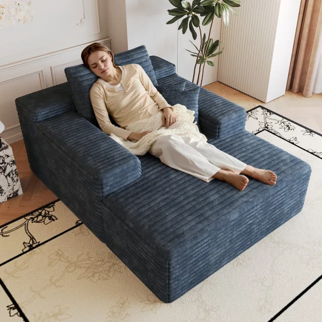 STILVORA Chaise Longue 1-Zits - Diepe Zit En Zonder Montage - Voor Woonkamer En Slaapkamer - Ribstof - Blauw Blue