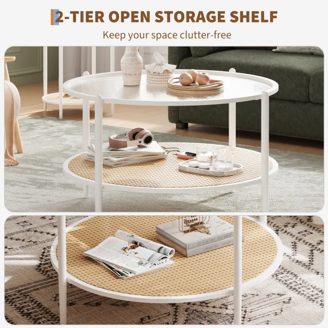 Zoranta 30 inch Ronde Salontafel – 2-laags Boho Rotan Tafel met Watergolfglas Blad – Metalen Frame – Opbergplank – Moderne Middentafel voor Kleine Woonkamers – Eenvoudige Montage – Wit
