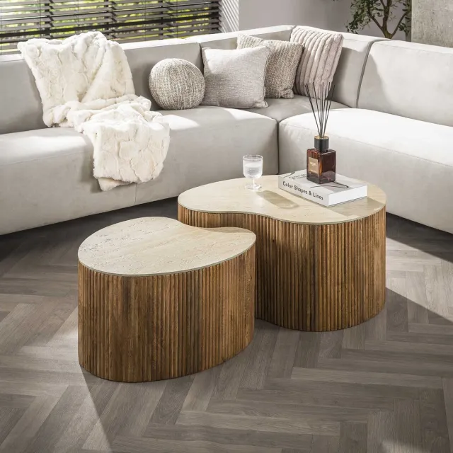Dimehouse Vento Set van 2 Niervormige Salontafels Mango Zand - 82 x 60 x 40 cm - Keramiek - Japandi - Rond Travertinlook