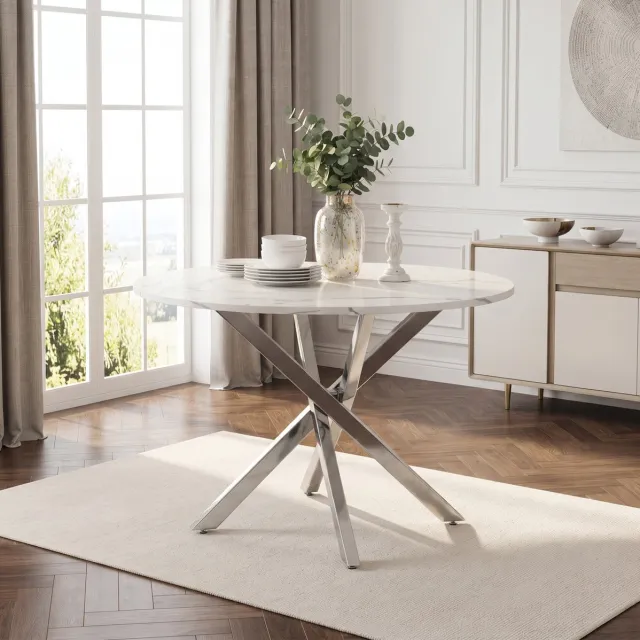 MODENUIT Tafel - Ronde Eettafel Met Marmerlook - Modern Voor Woonkamer En Keuken - MDF - 80 Cm - Wit Zilver + wit