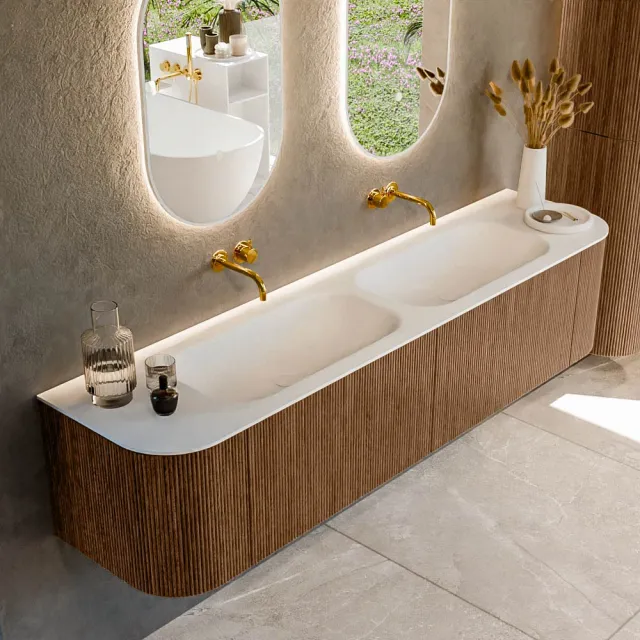 Mondiaz KURVE 190 cm Onderkast Greeploos 2 Lades Met Deuren Walnut, Wastafel Solid Surface Dubbel Talc 0 Kraangaten Zonder Spiegel (KRVBGS190L+R2L2D0KD-Wal/Tal)