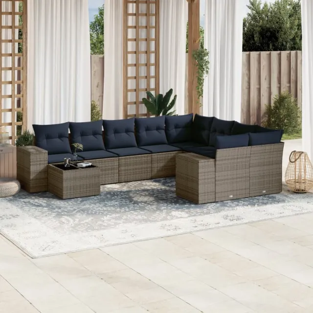 vidaXL 10-delige tuinbankset met kussens, grijs polyrotan, foto 2