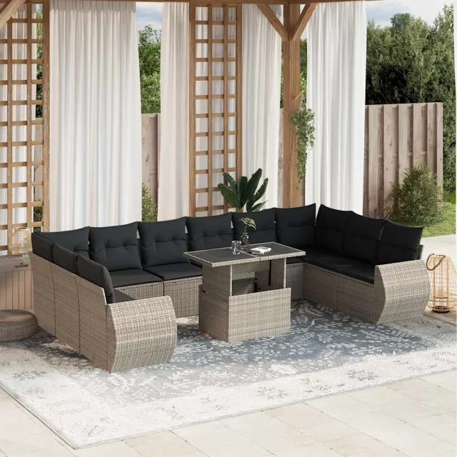 vidaXL 11-delige Loungeset met kussens poly rattan lichtgrijs grijs, foto 2