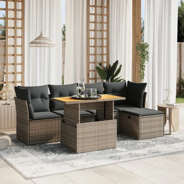 vidaXL 6-delige Loungeset met kussens poly rattan grijs, foto 2