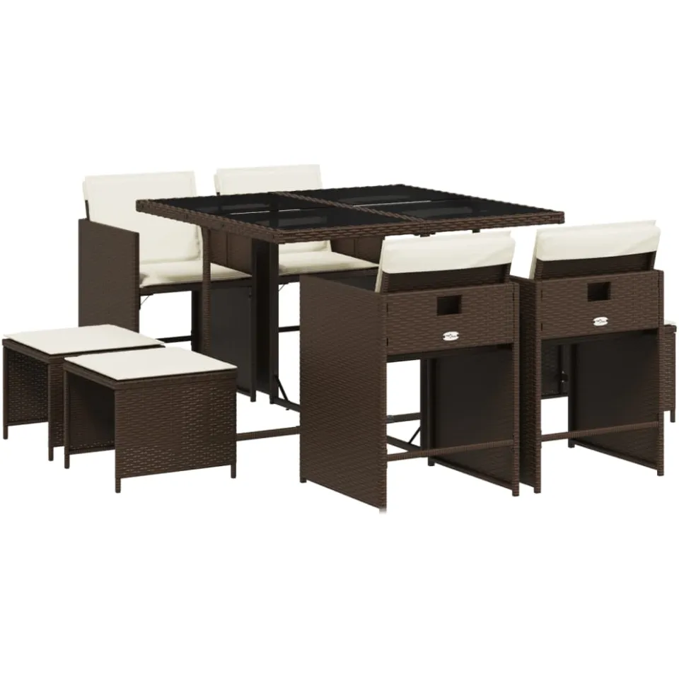 vidaXL 9-delige Tuinset met kussens poly rattan bruin