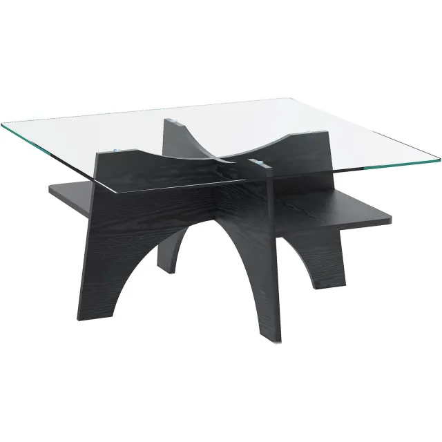 MUVANO Vierkante glazen salontafel 80 x 80 cm - Bijzettafel met opbergvak - Veiligheidsglas en MDF met zwarte houtlook - 40 cm hoog - Woonkamer zwart
