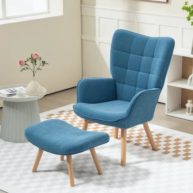 CHICFURN Fauteuil - Met hocker - Hoge rugleuning en houten poten - Blauw