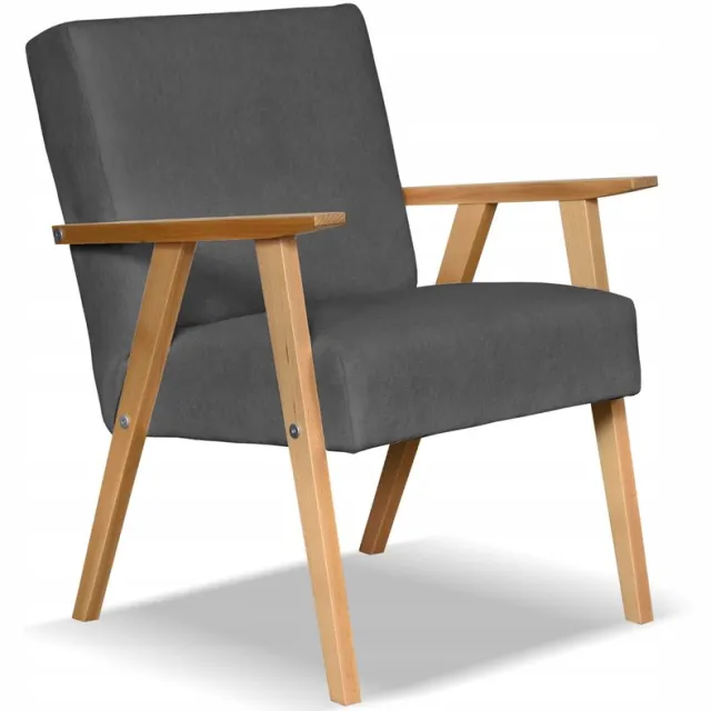 Family Meble Soler - Retro Fauteuil - Vintage PRL Stijl - Grijs Welur - Houten Frame