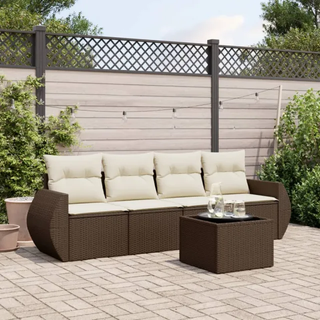 vidaXL 5-delige Loungeset met kussens poly rattan bruin, foto 2