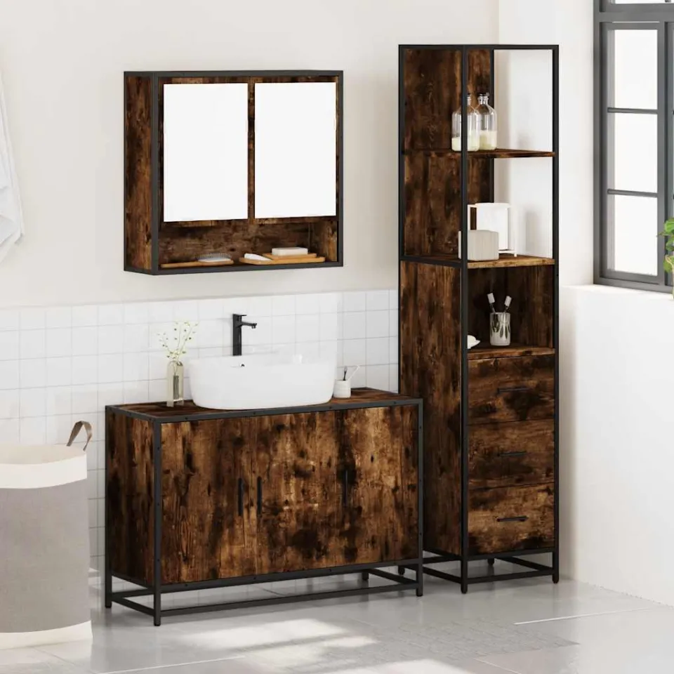 vidaXL 3-delige Badkamermeubelset bewerkt hout gerookt eikenkleurig, foto 2