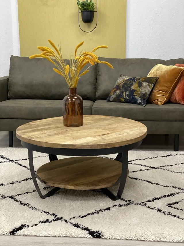 The Copperbarn Salontafel rond mangohout industrieel 90cm Multi